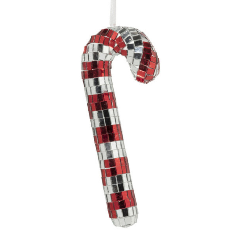 Kersthanger disco candy cane - rood/zilverkleurig - 17x7.5x2 cm